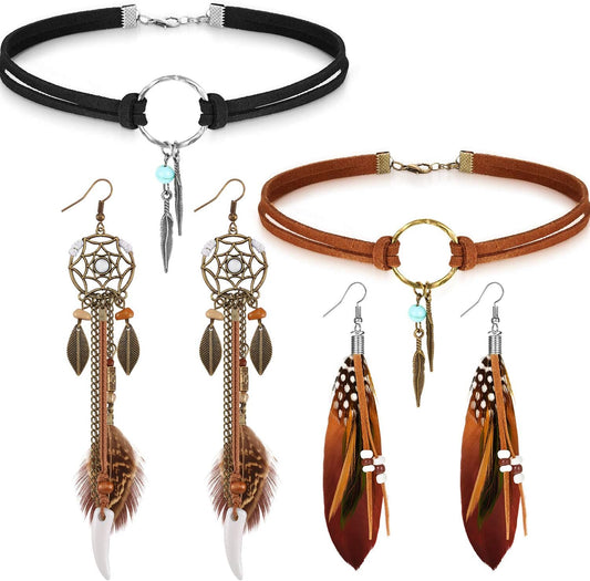 2 Sets Native American Jewelry Set for Women 2 Pieces Faux Suede Choker Necklace Faux Leather Choker and 2 V1258-DP02-B-3022