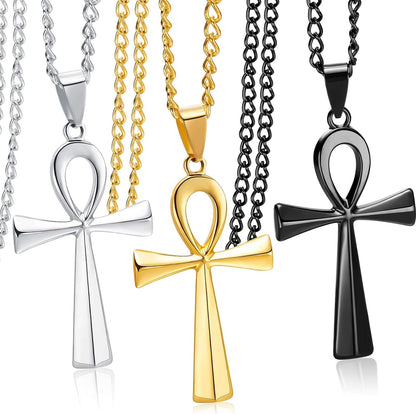 3 Pieces Men's Stainless Steel Ankh Pendant Necklace, Black, Gold, Silver V1258-DP02-B-3023