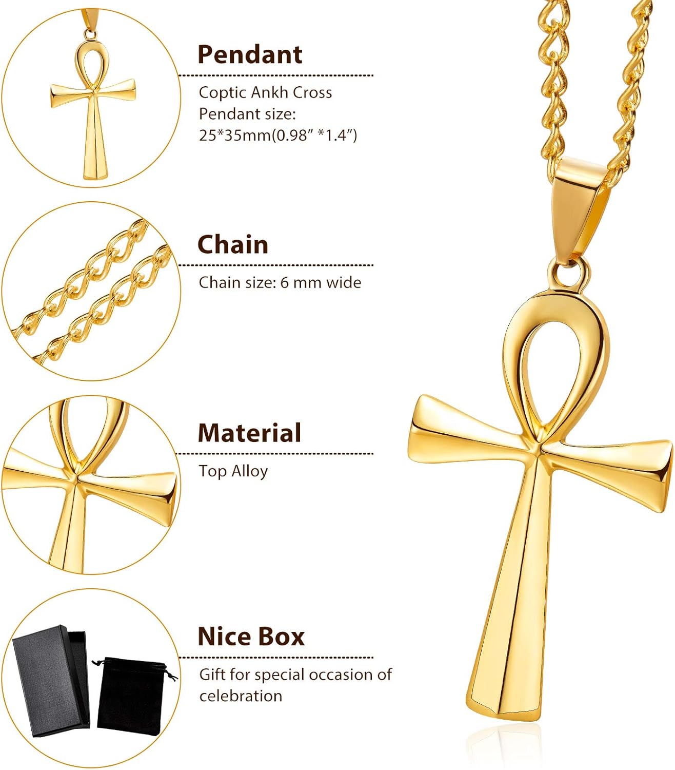 3 Pieces Men's Stainless Steel Ankh Pendant Necklace, Black, Gold, Silver V1258-DP02-B-3023
