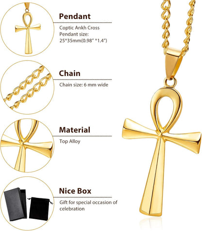 3 Pieces Men's Stainless Steel Ankh Pendant Necklace, Black, Gold, Silver V1258-DP02-B-3023