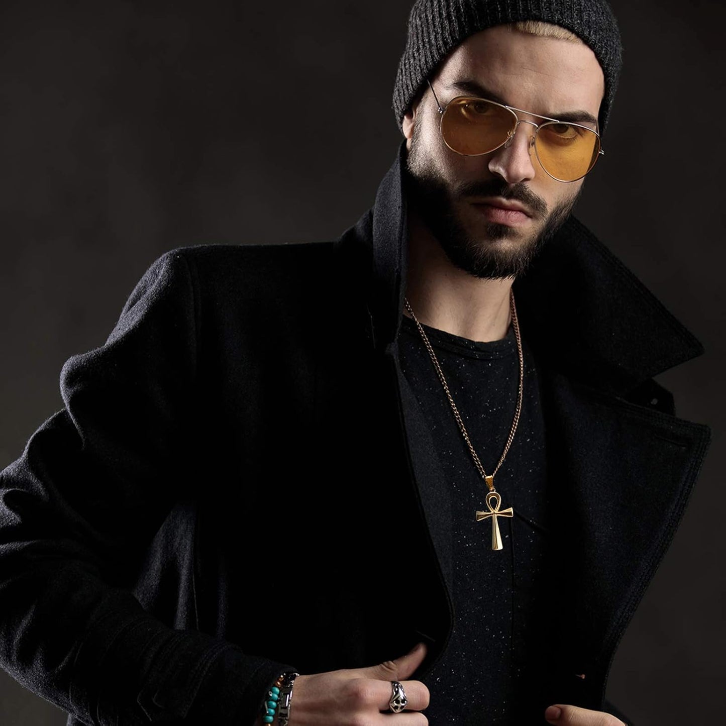 3 Pieces Men's Stainless Steel Ankh Pendant Necklace, Black, Gold, Silver V1258-DP02-B-3023