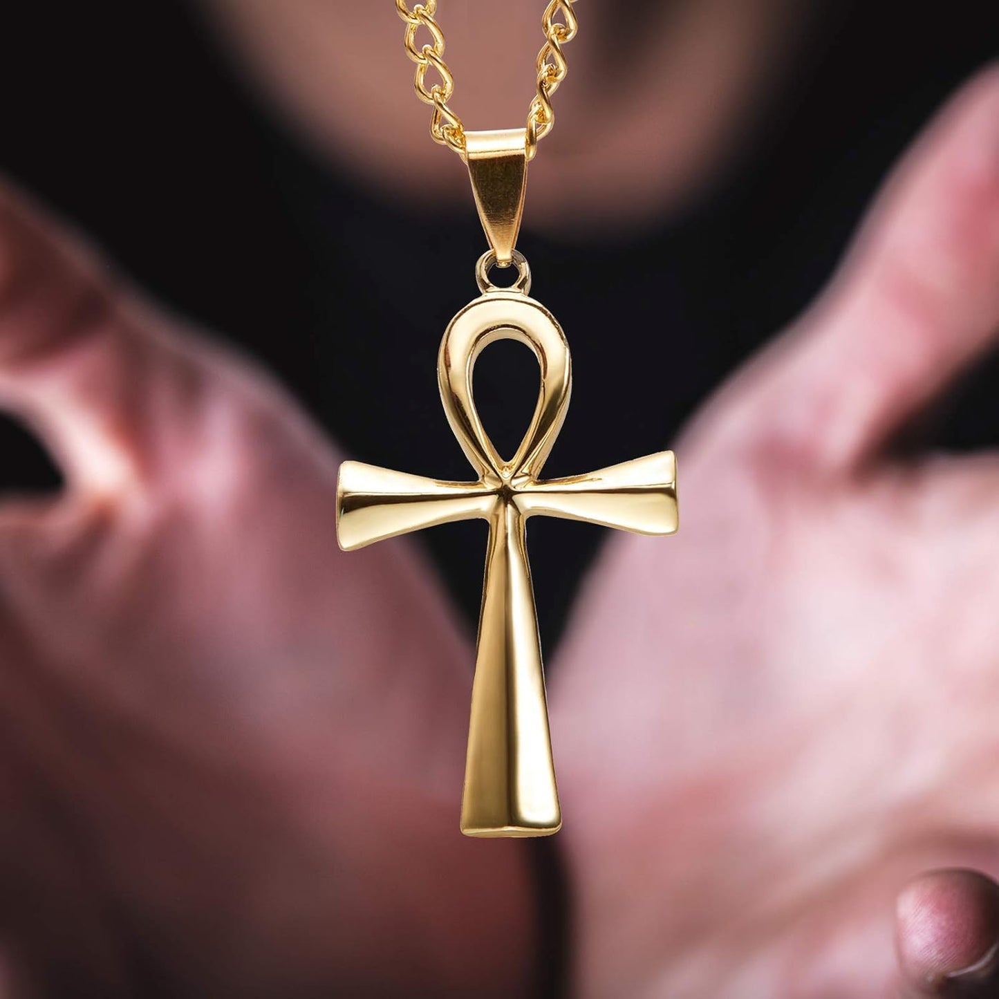 3 Pieces Men's Stainless Steel Ankh Pendant Necklace, Black, Gold, Silver V1258-DP02-B-3023