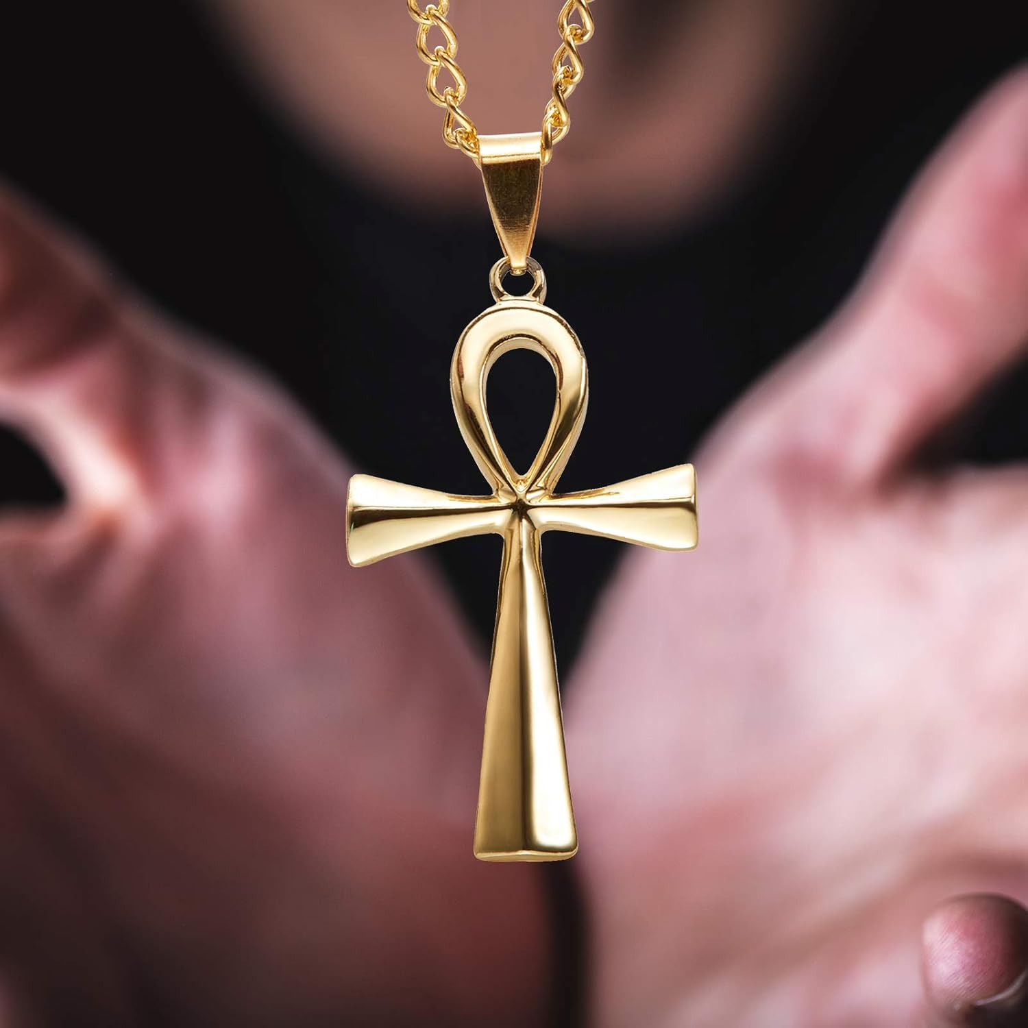 3 Pieces Men's Stainless Steel Ankh Pendant Necklace, Black, Gold, Silver V1258-DP02-B-3023
