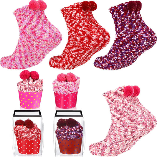4 Pairs Valentines Fuzzy Cupcake Socks for Women Girl Fluffy Slipper Socks DIY Gift Boxes for Winter Christmas V1258-DP02-B-3028
