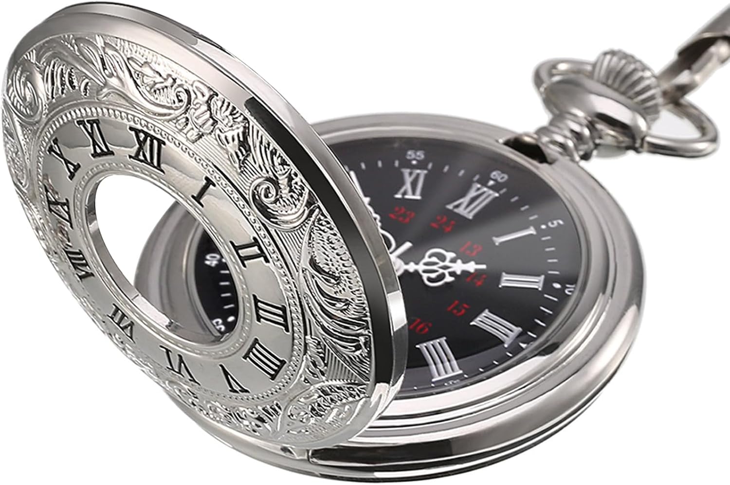 Vintage Pocket Watch Steel Men Watch with Chain (Silver) V1258-DP02-B-3029