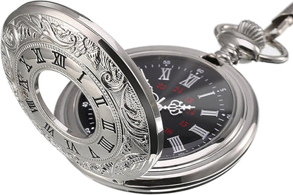 Vintage Pocket Watch Steel Men Watch with Chain (Silver) V1258-DP02-B-3029