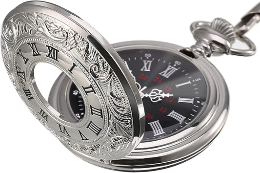 Vintage Pocket Watch Steel Men Watch with Chain (Silver) V1258-DP02-B-3029