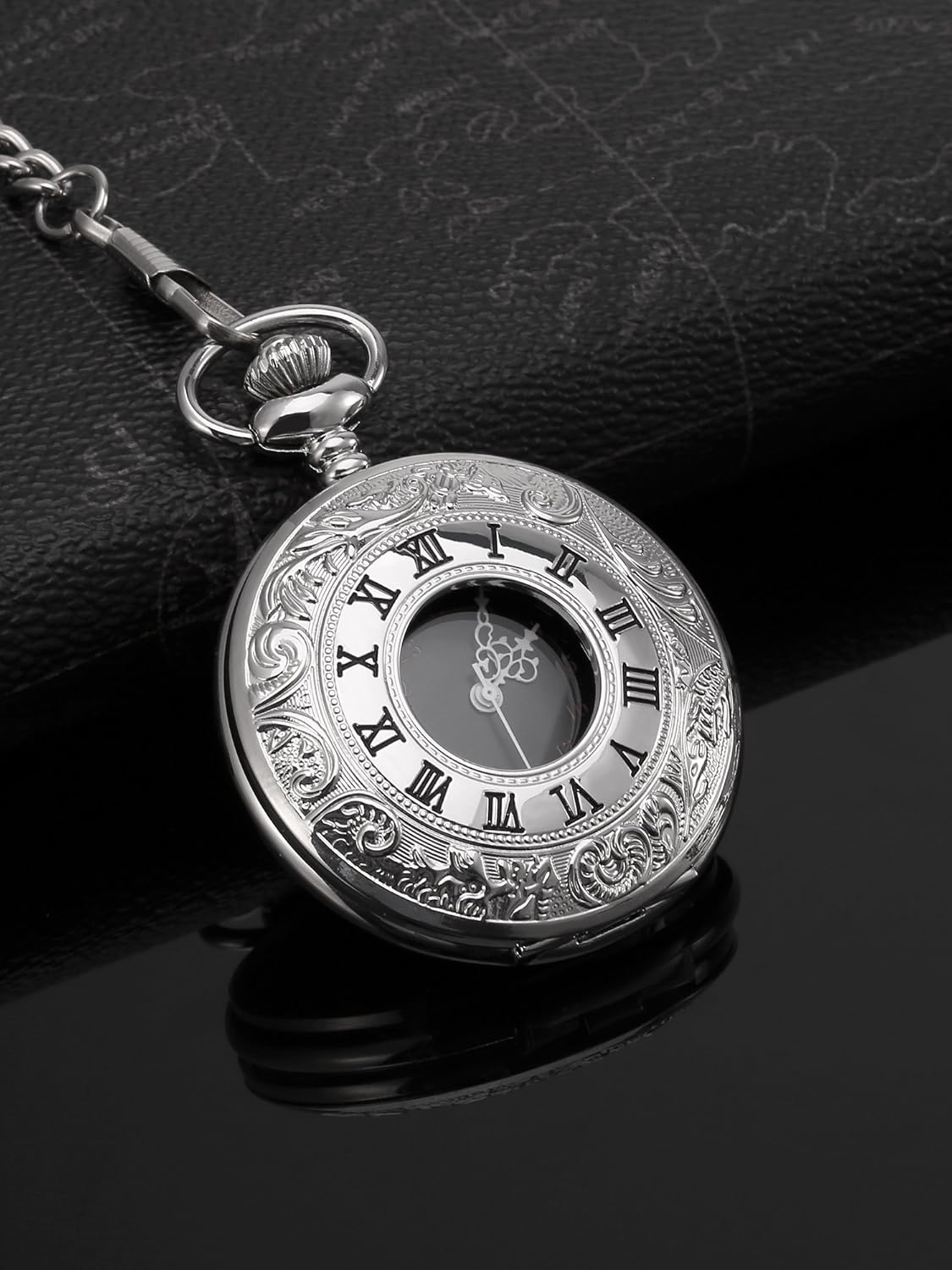 Vintage Pocket Watch Steel Men Watch with Chain (Silver) V1258-DP02-B-3029