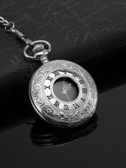 Vintage Pocket Watch Steel Men Watch with Chain (Silver) V1258-DP02-B-3029