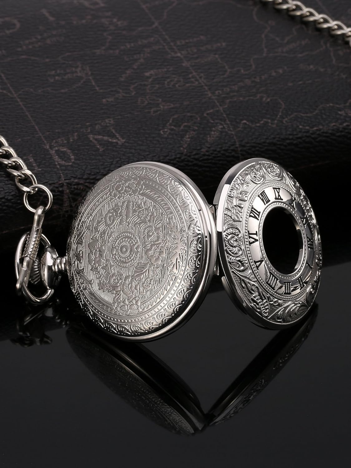 Vintage Pocket Watch Steel Men Watch with Chain (Silver) V1258-DP02-B-3029