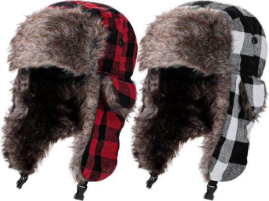 2 Pcs Buffalo Plaid Trapper Hats for Men Lumberjack Hat Ear Flap, Winter Xmas Warm Ushanka Cap Unisexs V1258-DP02-B-3030