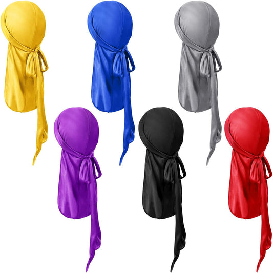 6 Pieces Kids Satin Silk Durag Caps Wave Wide Strap Headwraps Long Tail Turban Beanies for Boys Girls, V1258-DP02-B-3032