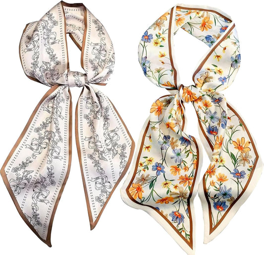 2 Pcs 59 Inch Silk Head Scarf Hair Neck Scarves Women's Fashion Square Neck Satin Scarfs for Women Purse Bag V1258-DP02-B-3033