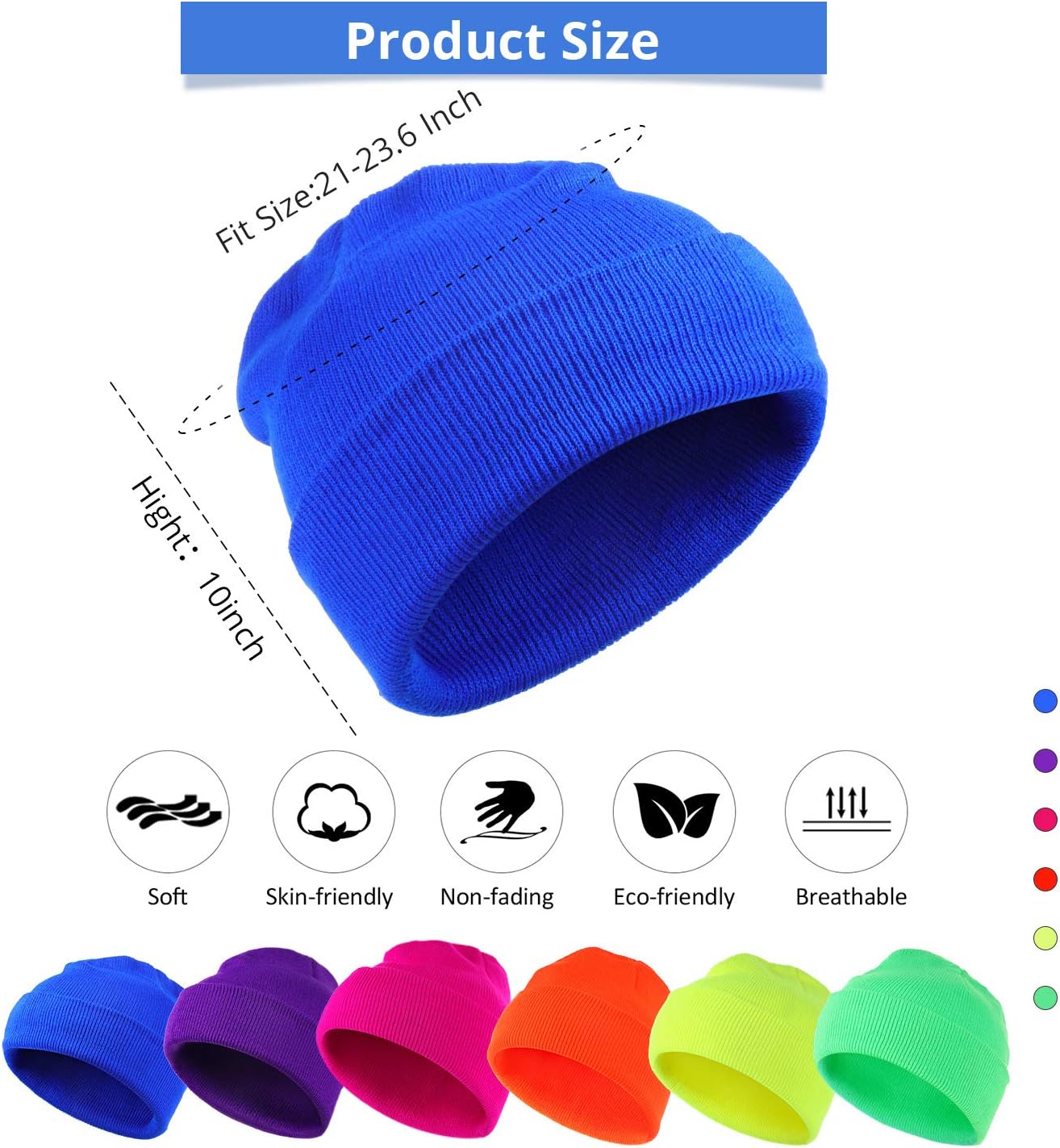 6 Pieces Neon Beanie Hat Acrylic Watch Winter Hat Plain Knit Long Skullcap Fisherman Beanie Unisex, Medium V1258-DP02-B-3034
