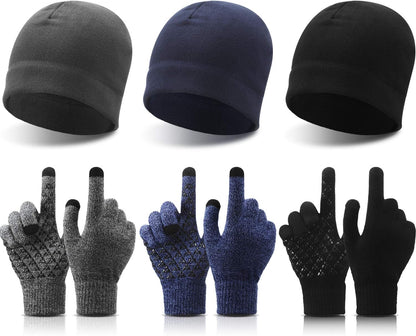 6 PCS Winter Warm Beanie Hat Fleece Cap and Touchscreen Thermal Anti-Slip Gloves V1258-DP02-B-3035