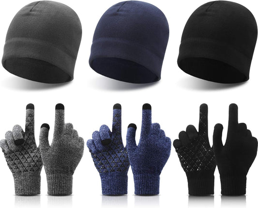 6 PCS Winter Warm Beanie Hat Fleece Cap and Touchscreen Thermal Anti-Slip Gloves V1258-DP02-B-3035