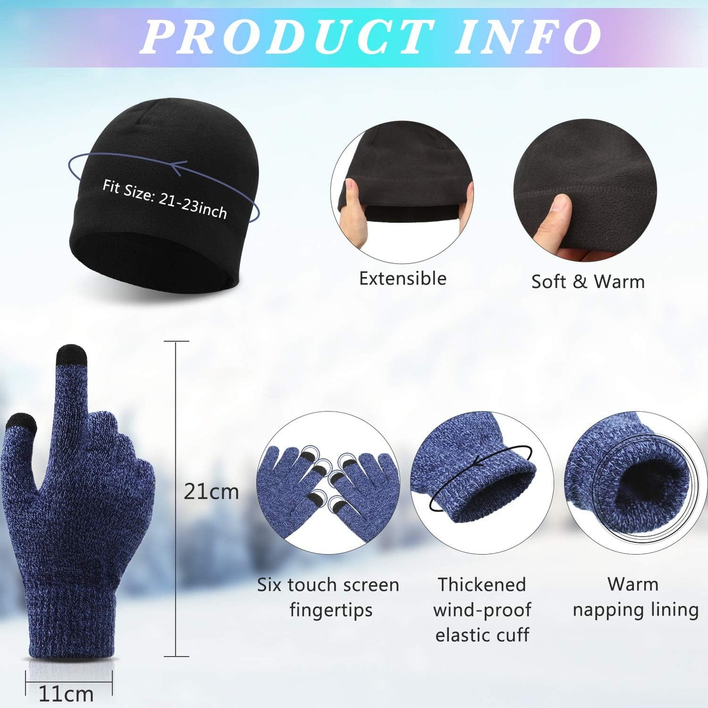 6 PCS Winter Warm Beanie Hat Fleece Cap and Touchscreen Thermal Anti-Slip Gloves V1258-DP02-B-3035