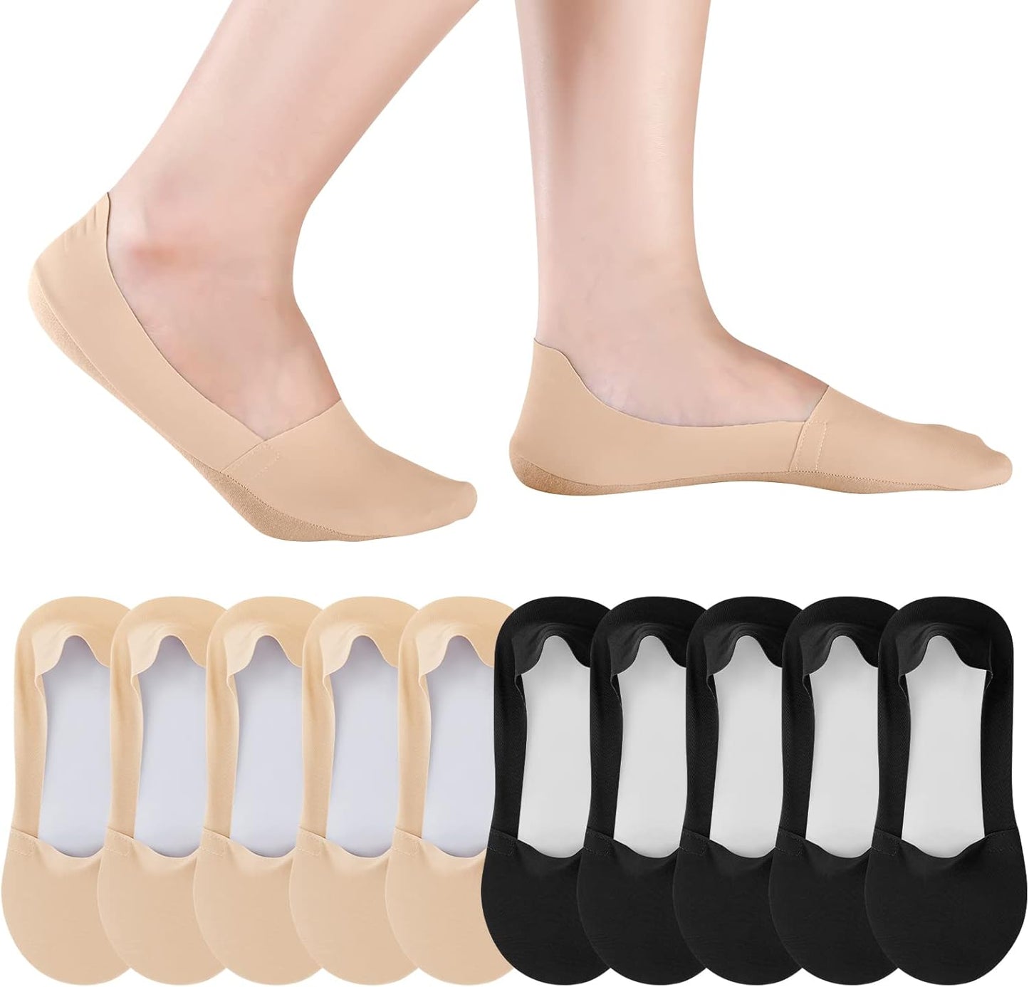 Ice Silk No Show Socks - 10 Pairs, Low Cut, Nonslip, Invisible, Thin (Black, Nude) V1258-DP02-B-3041