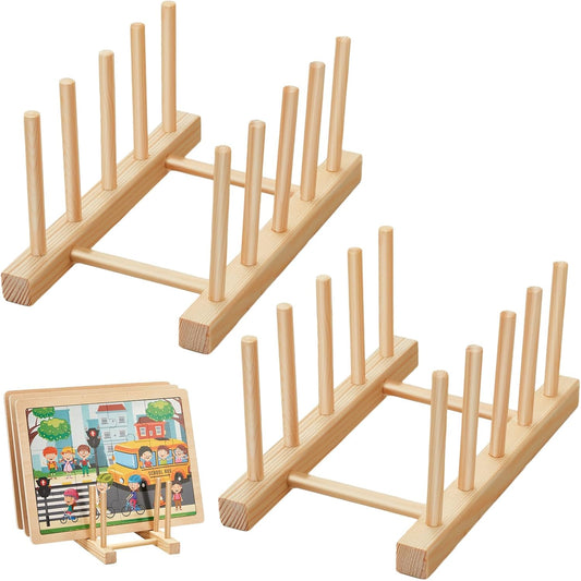 2 Pcs Wooden Puzzle Display Stand Jigsaw Holder Rack Puzzle Pot Lid Storage Organizer Shelf for Playroom V1258-DP02-B-3052