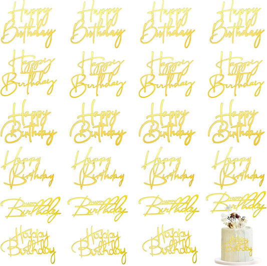 24 Pieces Gold Happy Birthday Cake Toppers Mirror Acrylic Cupcake Topper Happy Birthday Sign for Cake Side V1258-DP02-B-3053