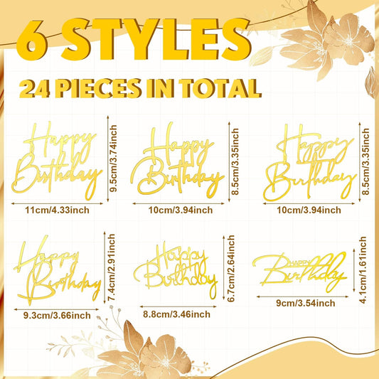 24 Pieces Gold Happy Birthday Cake Toppers Mirror Acrylic Cupcake Topper Happy Birthday Sign for Cake Side V1258-DP02-B-3053