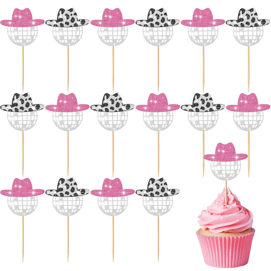 60 Pcs Glitter Disco Ball Cupcake Topper Cowboy Hat Cake Decorations Mini Cowgirl Party Decorations with V1258-DP02-B-3061