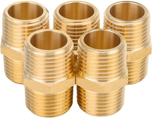(Pack of 5) Brass Pipe Fitting, 1/2" x1/2" Male NPT Hex Nipple Straight Adapters For Copper, Brass or Iron V1258-DP02-B-3067