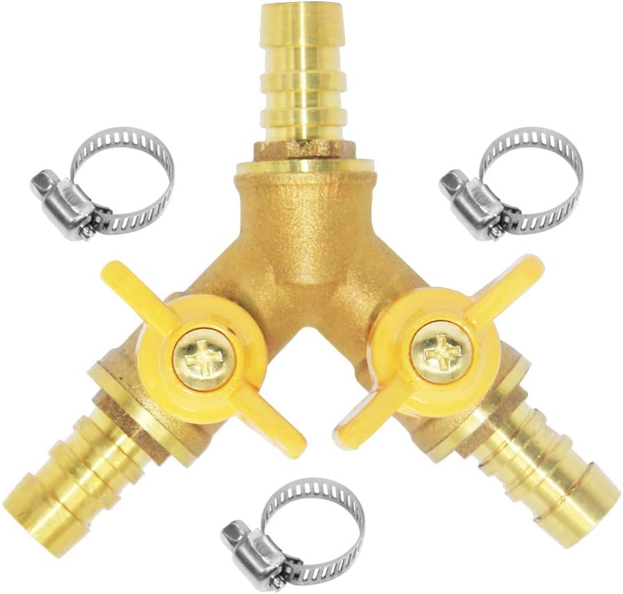 3 Way Shut Off Ball Valve, 3/8" Hose Barb 2 Switch Brass Y Shaped Valve V1258-DP02-B-3106