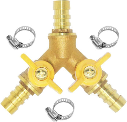 3 Way Shut Off Ball Valve, 3/8" Hose Barb 2 Switch Brass Y Shaped Valve V1258-DP02-B-3106