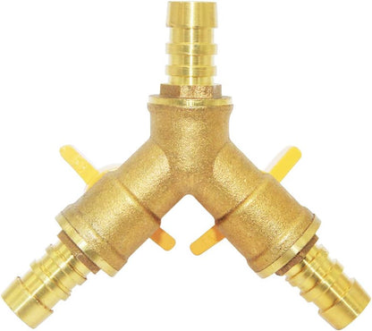 3 Way Shut Off Ball Valve, 3/8" Hose Barb 2 Switch Brass Y Shaped Valve V1258-DP02-B-3106