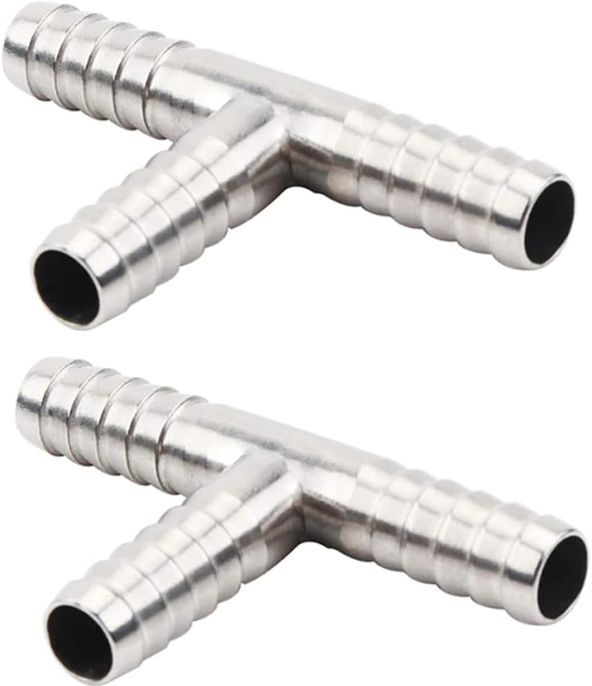 Stainless Steel 1/4" Hose Barb, 3 Way Tee T Shape Barbed Co2 Splitter Fitting (Pack of 2) V1258-DP02-B-3113