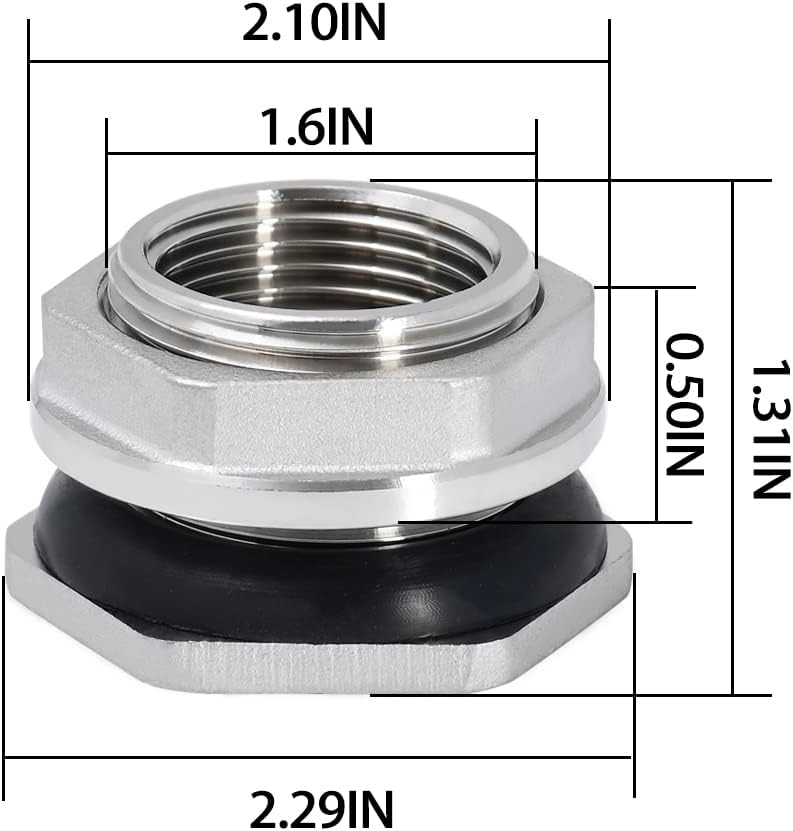 1" Female Bulkhead Water Tank Connector Stainless Steel Thru-bulk Fitting V1258-DP02-B-3114