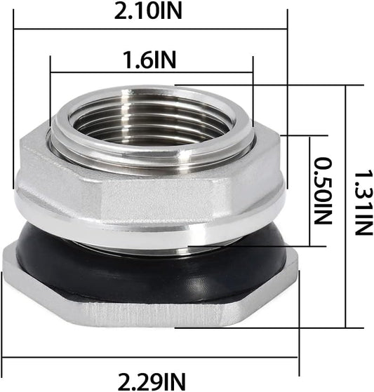1" Female Bulkhead Water Tank Connector Stainless Steel Thru-bulk Fitting V1258-DP02-B-3114