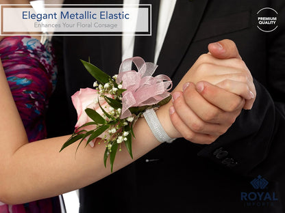 Silver/White Corsage Wrist Bands, Elastic Wristlets for Wedding Prom Flowers, Bulk Pack of 12 V1258-DP02-B-312