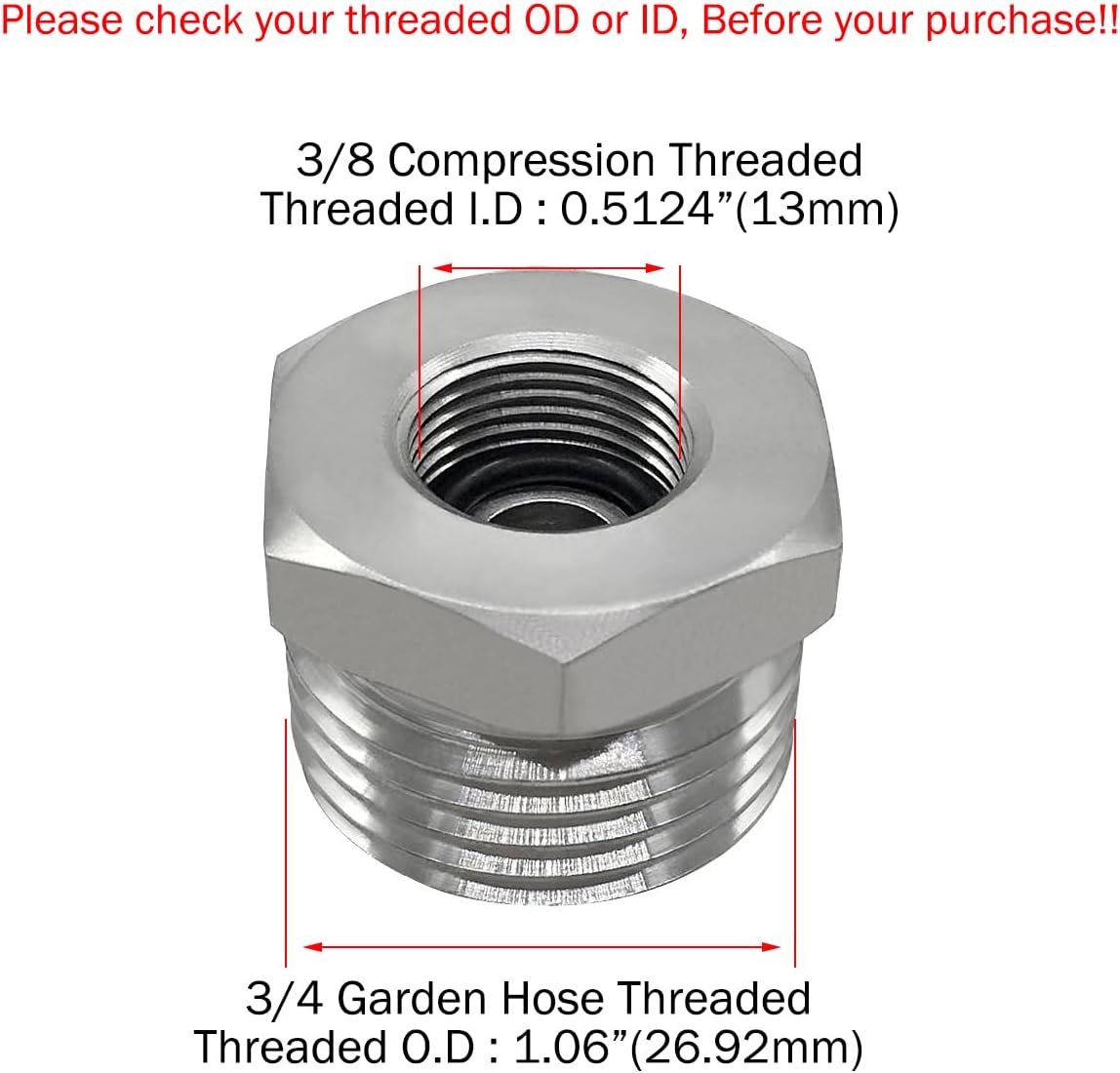 Stainless Steel 3/8 Compression Female Thread(I.D:0.512") to 3/4 Male Garden Hose Threaded(O.D:1.06") Adapter V1258-DP02-B-3149