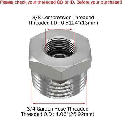 Stainless Steel 3/8 Compression Female Thread(I.D:0.512") to 3/4 Male Garden Hose Threaded(O.D:1.06") Adapter V1258-DP02-B-3149