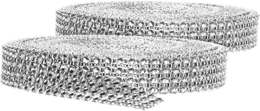Rhinestone Diamond Bling Wrap Ribbon for Wedding Cake, Party, Holiday & Home Decoration, Silver 4-Rows, (2 V1258-DP02-B-316