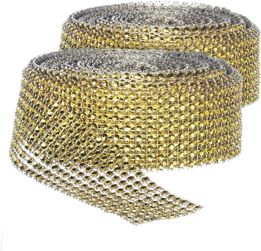 Rhinestone Diamond Bling Wrap Ribbon for Wedding Cake, Party, Holiday & Home Decoration, Gold 8-Rows, (2 V1258-DP02-B-317