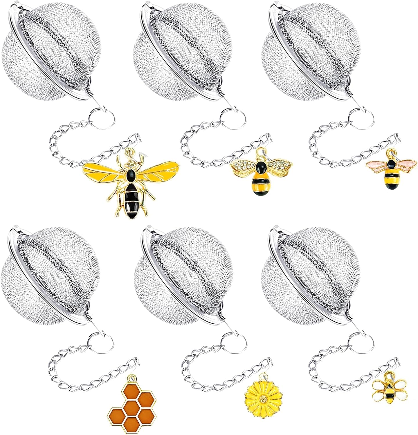 6Pcs Stainless Steel Mesh Tea Infuser, 2.1 inch Tea Strainer with Honey Bee Set Pendant, Tea Ball Tea V1258-DP02-B-3239