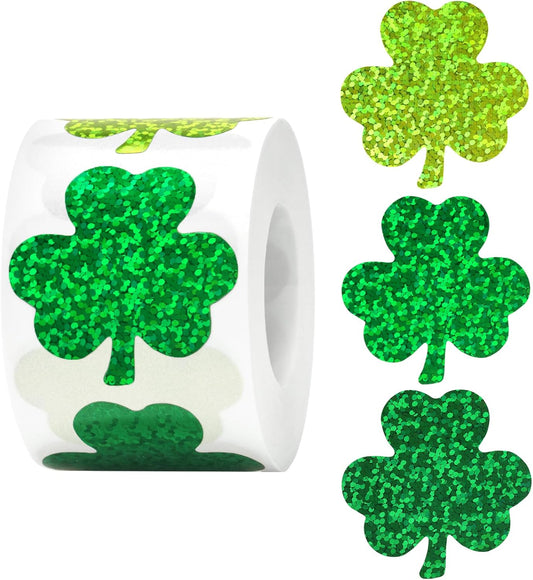 St.Patrick's Day Shamrock Stickers - 500Pcs 1.5'' Laser Shamrock Shape Stickers Roll Self Adhesive V1258-DP02-B-325