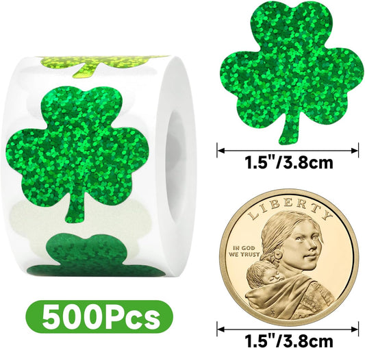 St.Patrick's Day Shamrock Stickers - 500Pcs 1.5'' Laser Shamrock Shape Stickers Roll Self Adhesive V1258-DP02-B-325