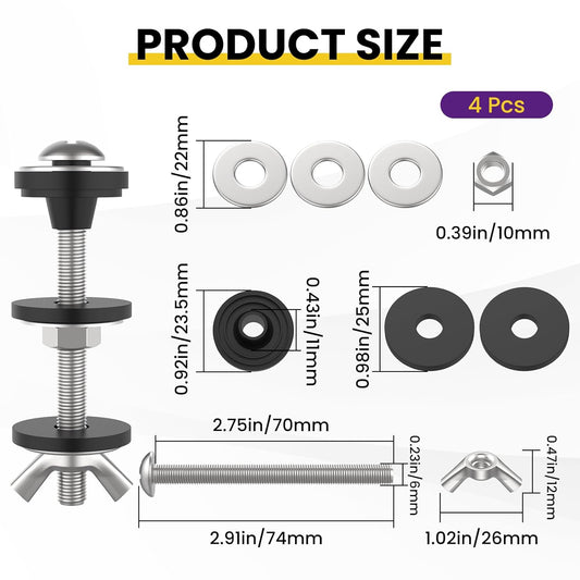 4 Pcs Universal Toilet Tank to Bowl Bolts Kit, Heavy Duty Stainless Steel Toilet Tank Bolts with Stainless V1258-DP02-B-3253