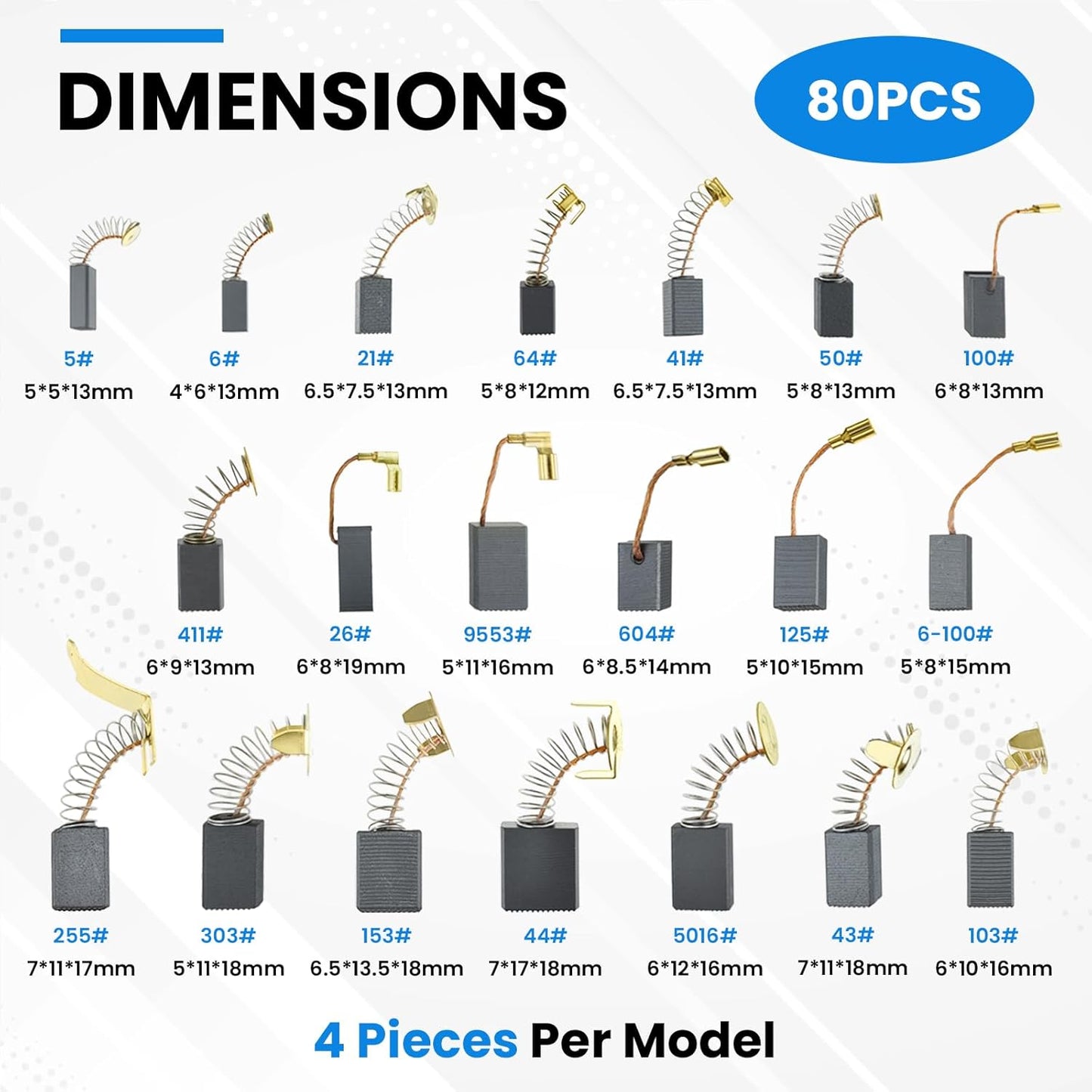 80Pcs Electric Motor Carbon Brushes Set, 20 Different Models Carbons Brushes, Carbon Brush Replacement for V1258-DP02-B-3258