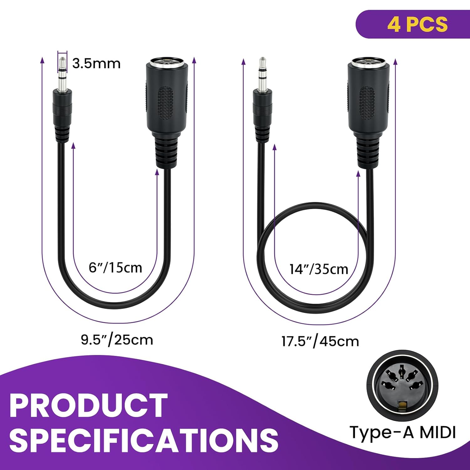 4Pcs Type-A MIDI to 3.5mm Adapter | Include 14" & 6" TRS 3.5mm Male to MIDI Female 5 Pin DIN Breakout Cable | V1258-DP02-B-3261