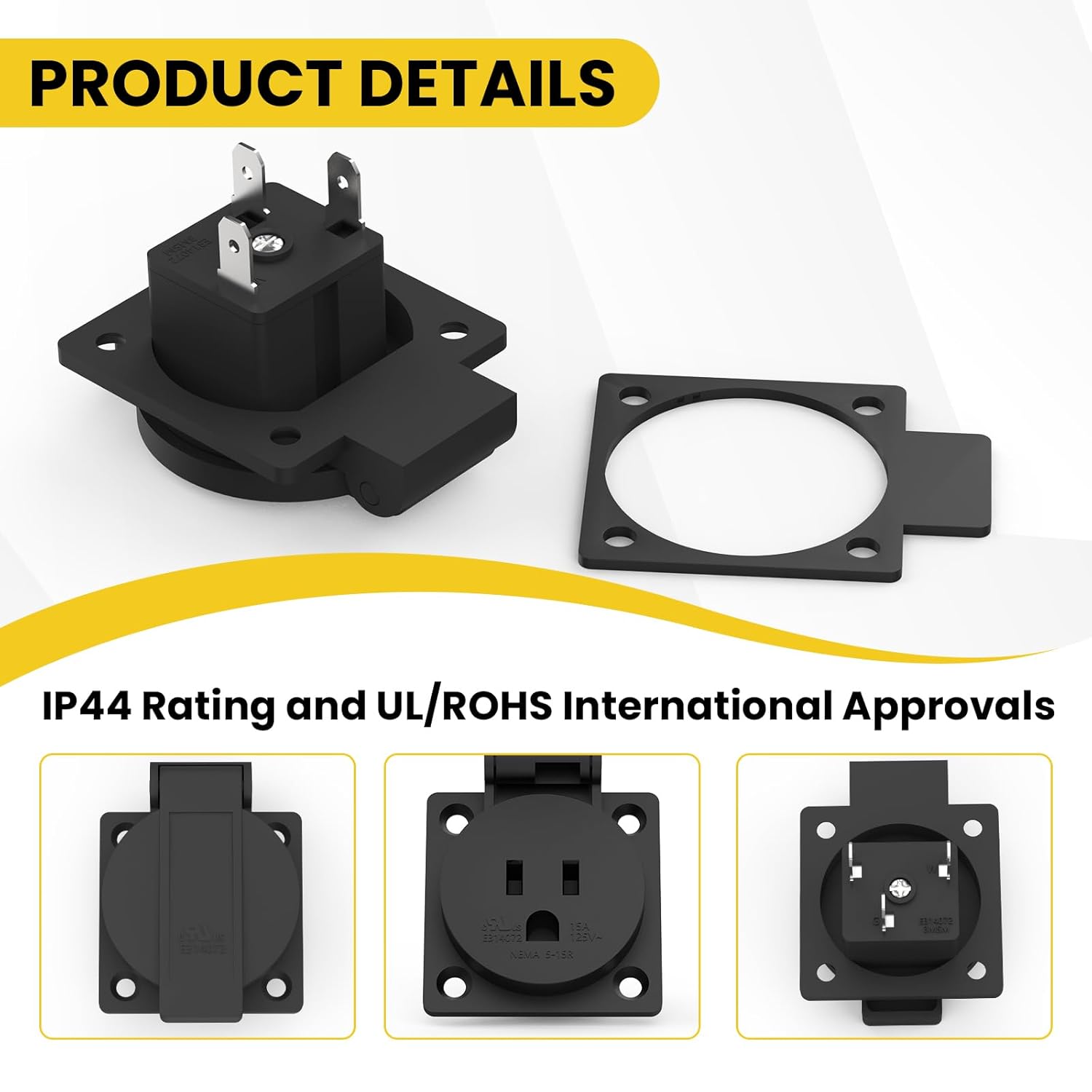 US Standard Water-Proof Power Outlet 15Amp 3-Hole Socket, 125Volt Power Outlet Receptacle, NEMA 5-15R with V1258-DP02-B-3264