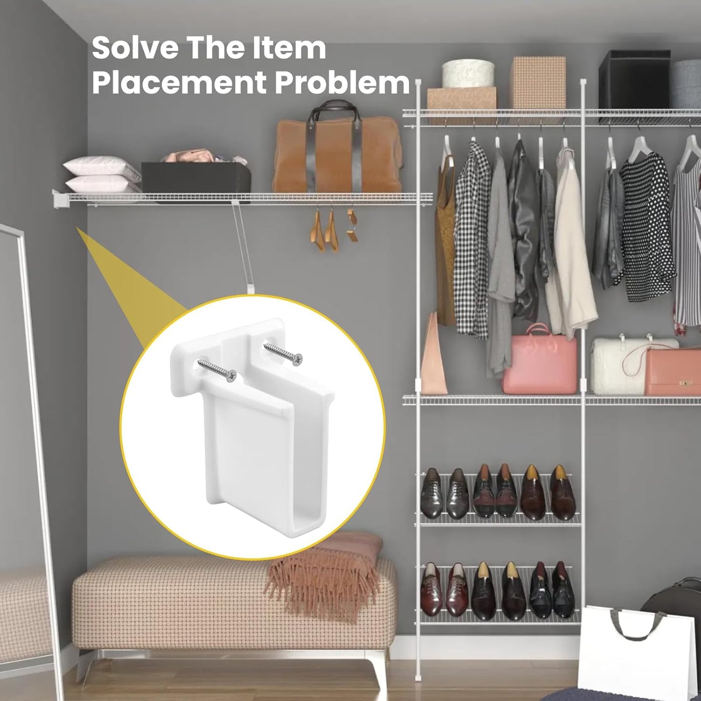 8 Pcs Wire Shelf End Bracket, White Wall Mount Closet Shelves Brackets, Wire Shelf Corner Support Bracket V1258-DP02-B-3268