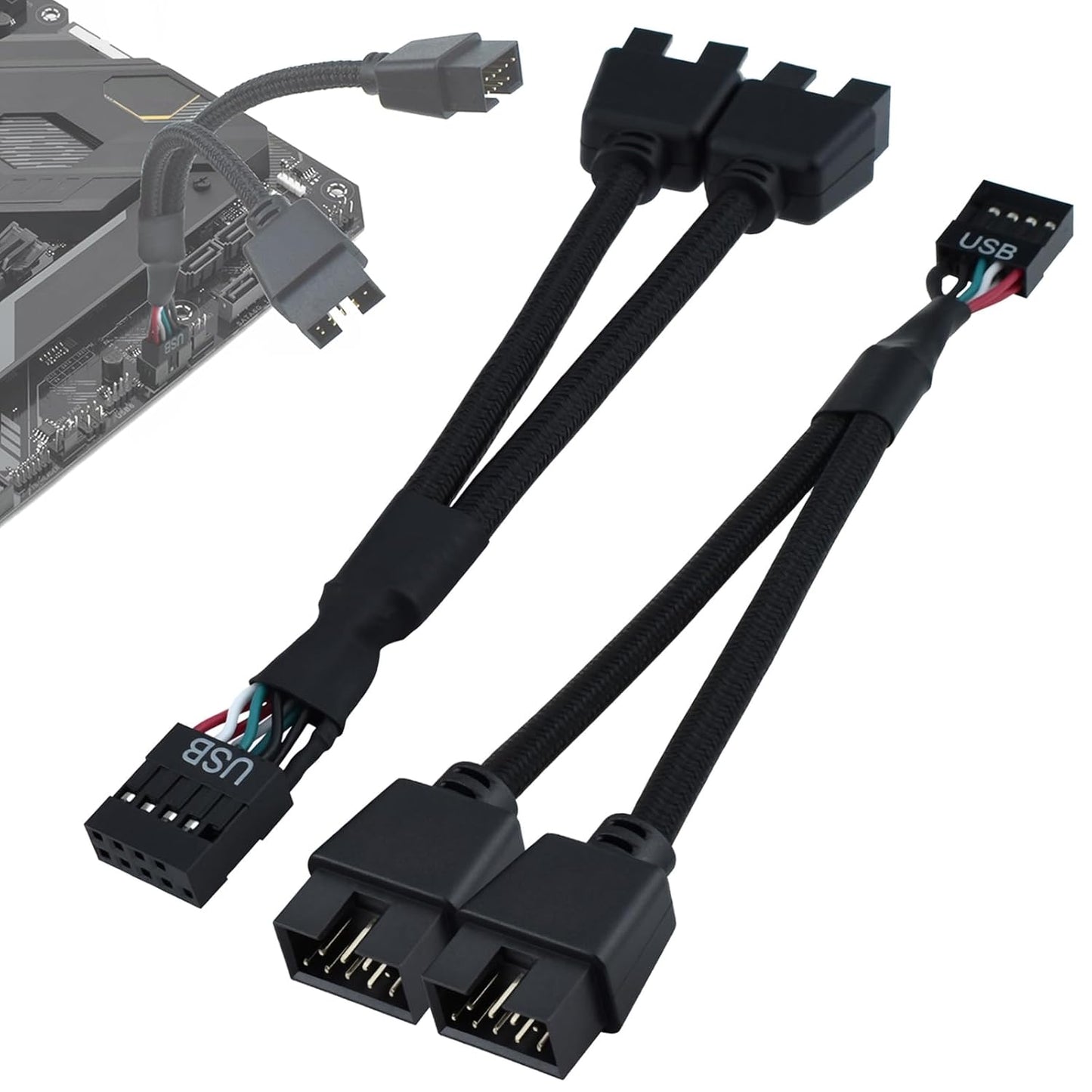 2Pcs Motherboard 9 Pin USB 2.0 to Dual 9 Pin Extension Splitter, USB 2.0 Header Splitter Nylon Braided Cable V1258-DP02-B-3269