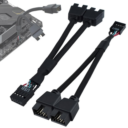 2Pcs Motherboard 9 Pin USB 2.0 to Dual 9 Pin Extension Splitter, USB 2.0 Header Splitter Nylon Braided Cable V1258-DP02-B-3269