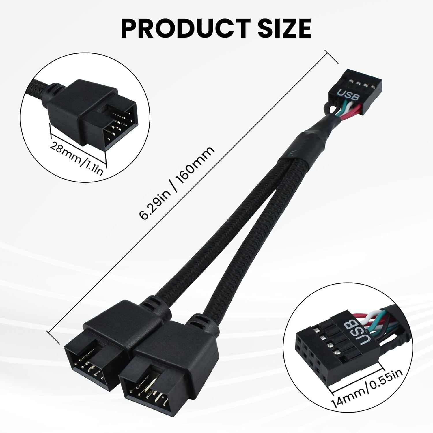 2Pcs Motherboard 9 Pin USB 2.0 to Dual 9 Pin Extension Splitter, USB 2.0 Header Splitter Nylon Braided Cable V1258-DP02-B-3269