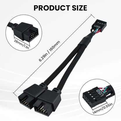 2Pcs Motherboard 9 Pin USB 2.0 to Dual 9 Pin Extension Splitter, USB 2.0 Header Splitter Nylon Braided Cable V1258-DP02-B-3269